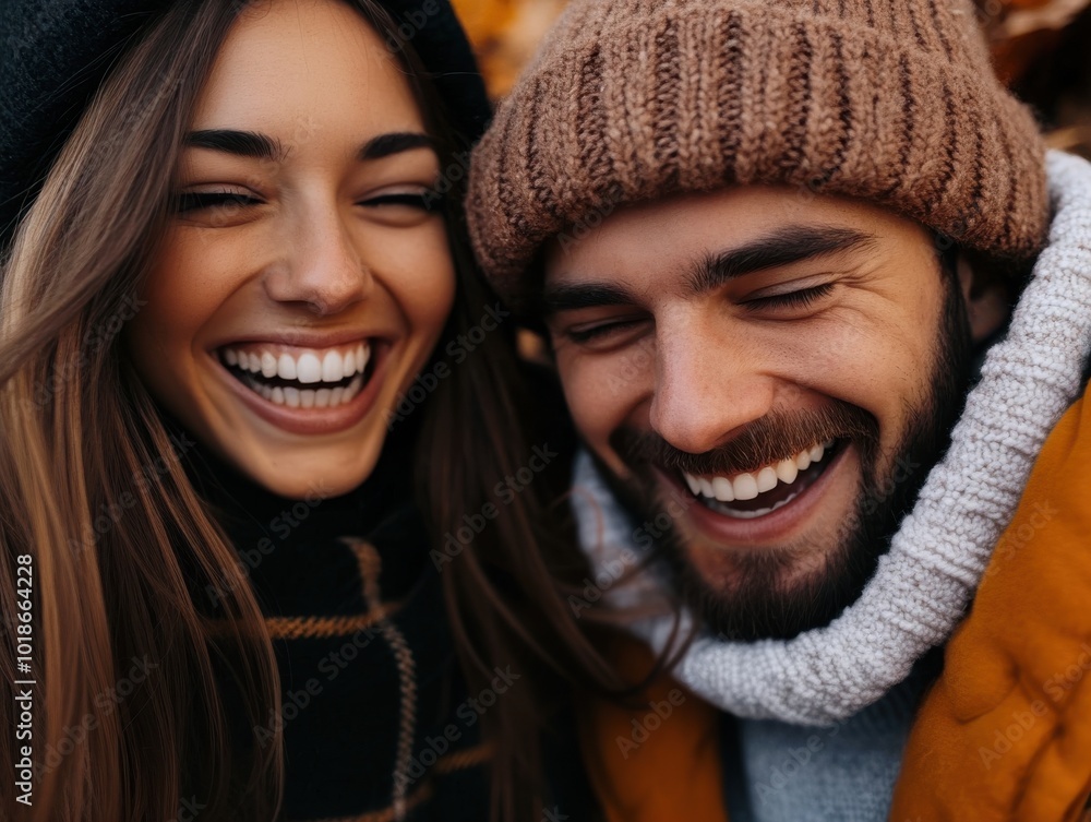 Happy couple enjoying a cozy autumn day, smiling warmly while bundled up in sweaters and beanies. Captures joyful connection and seasonal vibes. Happy couple enjoying a cozy autumn day, smiling warmly while bundled up in sweaters and beanies. Captures joyful connection and seasonal vibes.