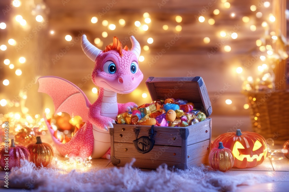 Fototapeta premium A curious pink dragon uncovers a hidden treasure chest amidst glowing decorations