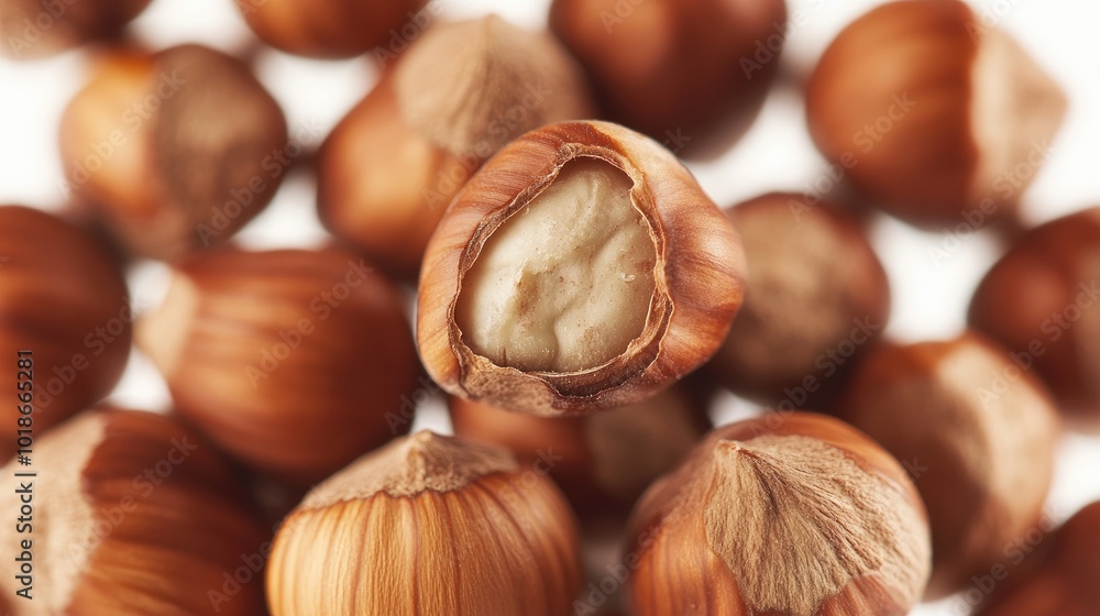Close-up of shelled hazelnuts, emphasizing their rich texture and color, isolated against a bright white background. Close-up of shelled hazelnuts, emphasizing their rich texture and color, isolated against a bright white background.