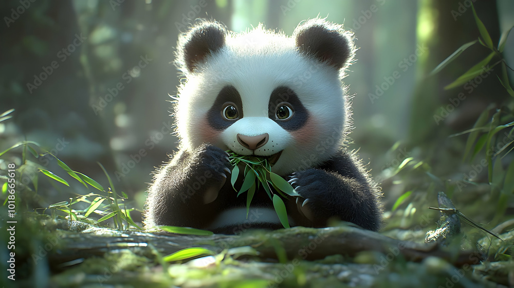 Obraz premium Adorable Panda Cub Eating Bamboo Shoots in Lush Green Forest, Adorable Animal Eating in Nature, Cute Wildlife Moments