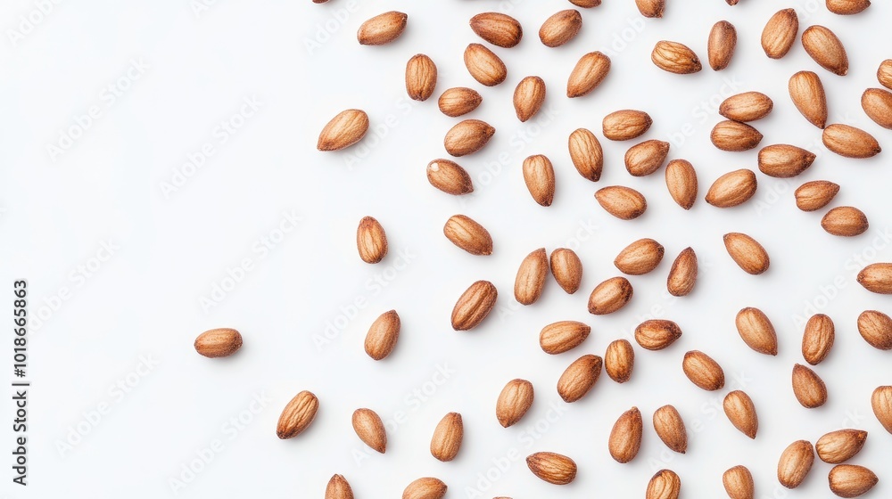 Pine nuts scattered loosely on a white background, emphasizing their natural, organic appeal and smooth texture. Pine nuts scattered loosely on a white background, emphasizing their natural, organic appeal and smooth texture.