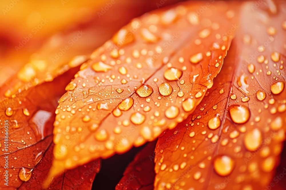 Close-up of vibrant orange leaves adorned with glistening water droplets, showcasing the beauty of nature in autumn. Close-up of vibrant orange leaves adorned with glistening water droplets, showcasing the beauty of nature in autumn.