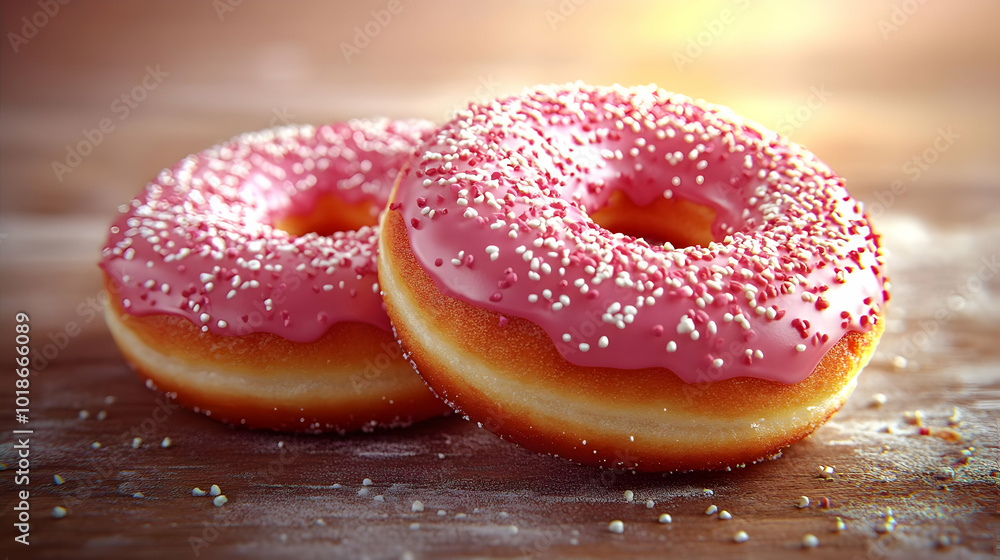 Pink Glazed Donuts with Sprinkles on a Wooden Surface, Delicious Pastry Sweet Treats, Freshly Baked Dessert, Close Up View Pink Glazed Donuts with Sprinkles on a Wooden Surface, Delicious Pastry Sweet Treats, Freshly Baked Dessert, Close Up View