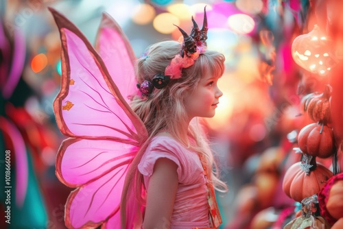 A pink fairy explores a Halloween treasure hunt filled with pumpkins and enchanting lights photo