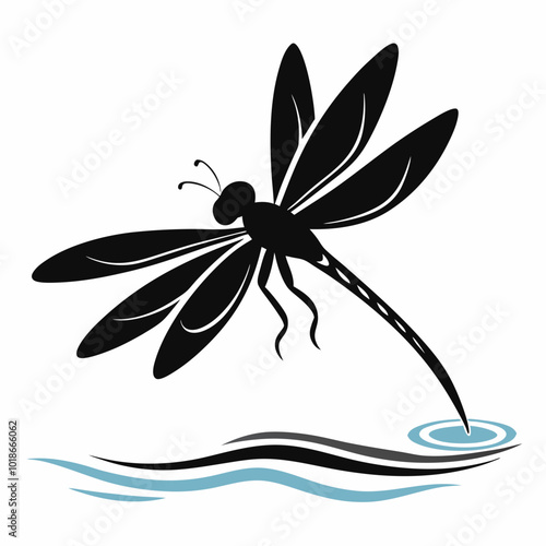 A dragonfly skimming the water surface silhouette vector illustration on white background