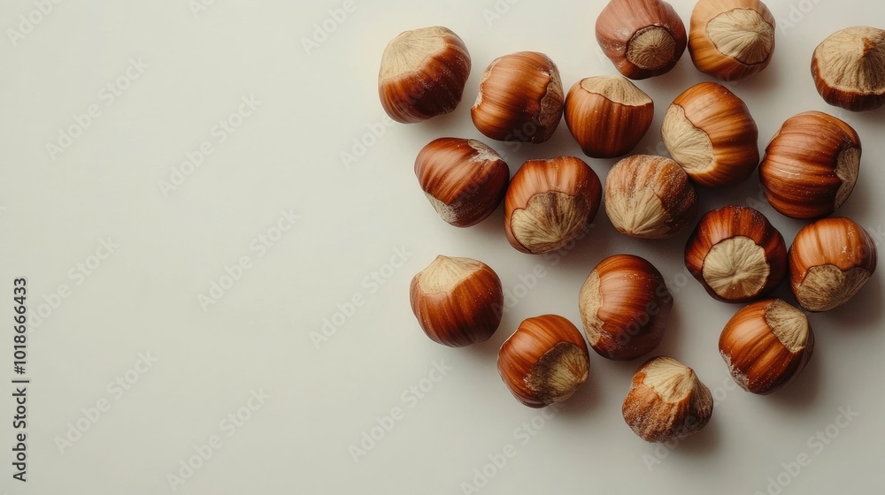 Obraz premium Whole and cracked hazelnuts displayed together on a plain white surface, highlighting their natural beauty.