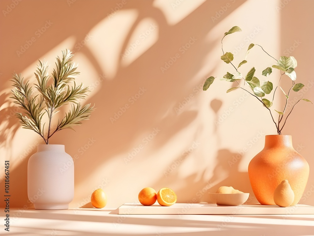 A clean modern 3D studio environment with a peach hued background an empty floor and a simple wall featuring a product podium A clean modern 3D studio environment with a peach hued background an empty floor and a simple wall featuring a product podium