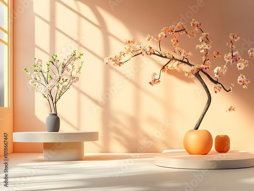 A tranquil and inviting 3D studio environment with a peach colored background an empty floor and a simple wall featuring a product podium photo