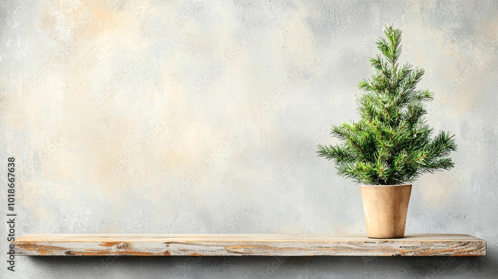 A small potted plant sits on a wooden shelf against a textured wall, creating a serene and natural decor setting. A small potted plant sits on a wooden shelf against a textured wall, creating a serene and natural decor setting.