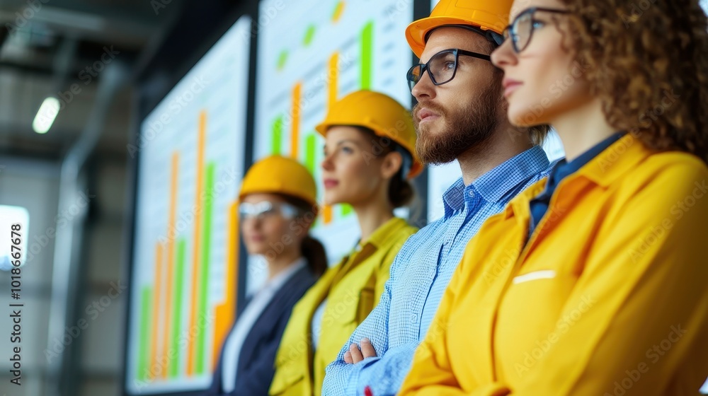 Four professionals in hard hats and yellow jackets stand confidently before data charts, symbolizing teamwork and progress in a corporate or construction environment. Four professionals in hard hats and yellow jackets stand confidently before data charts, symbolizing teamwork and progress in a corporate or construction environment.