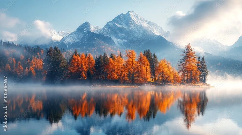 A serene lake with a small island of autumn trees, reflecting the snow capped mountain range in the background and early morning fog. A serene lake with a small island of autumn trees, reflecting the snow capped mountain range in the background and early morning fog.