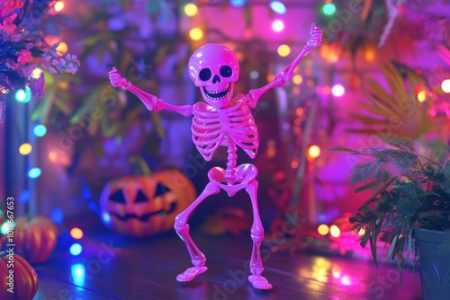 A vibrant pink skeleton celebrates Halloween with joy amid festive decorations