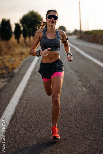 Woman Running on Country Road in Bright Sportswear