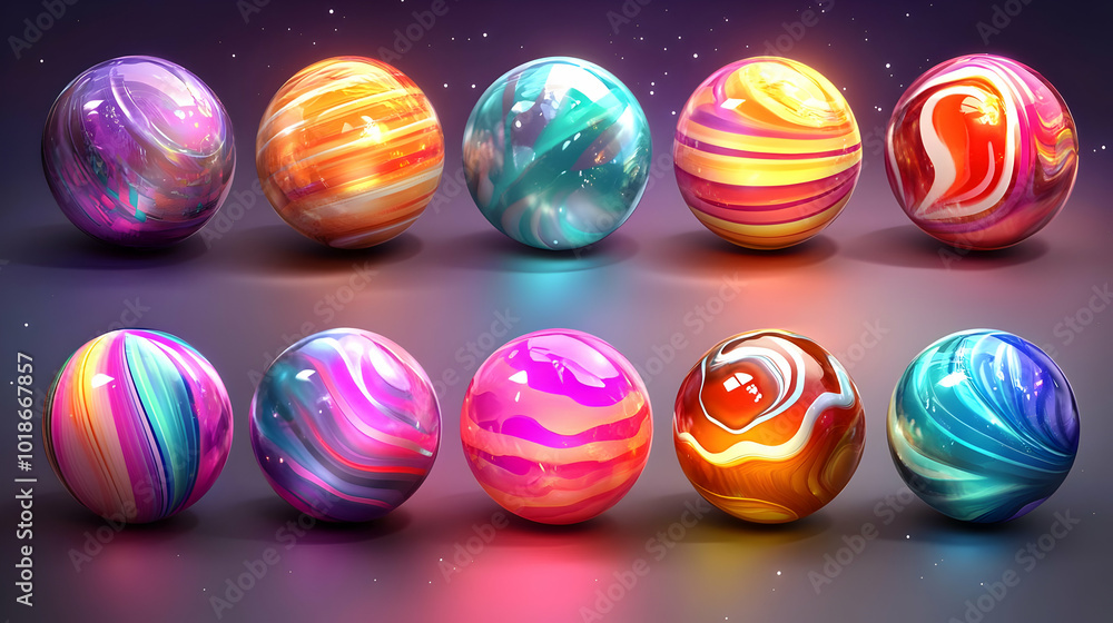 Ten Colorful Marbles with Swirls and Patterns Sit on a Surface Ten Colorful Marbles with Swirls and Patterns Sit on a Surface