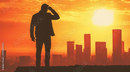 A secret agent on a rooftop, silhouetted against a city skyline, planning their next mission, spy thriller, strategy and intrigue