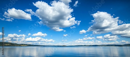 Panoramic View of a Calm Sea Under a Beautiful Blue Sky. AI generated illustration