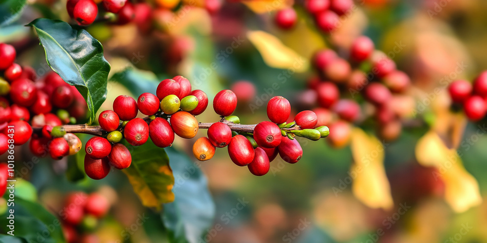 Closed Up Bunch of Red Ripe Coffee Cherries on Its Tree Branch Ready for Harvesting Closed Up Bunch of Red Ripe Coffee Cherries on Its Tree Branch Ready for Harvesting