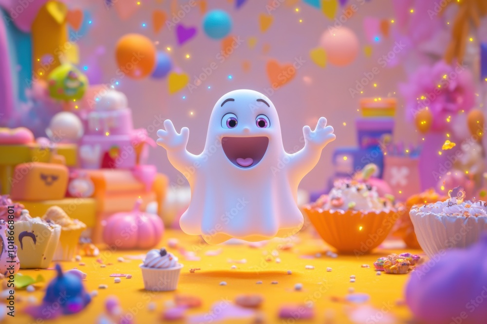 Obraz premium A playful ghost enjoys a cosmic celebration filled with candy and colorful decorations