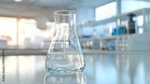 A single Erlenmeyer flask filled with a clear liquid sits on a white table in a laboratory setting. The flask is in focus and the background is blurred.