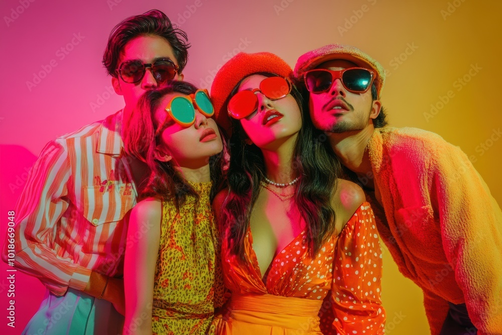 Friends revel joyfully in retro fashion at a vibrant colored gathering Friends revel joyfully in retro fashion at a vibrant colored gathering