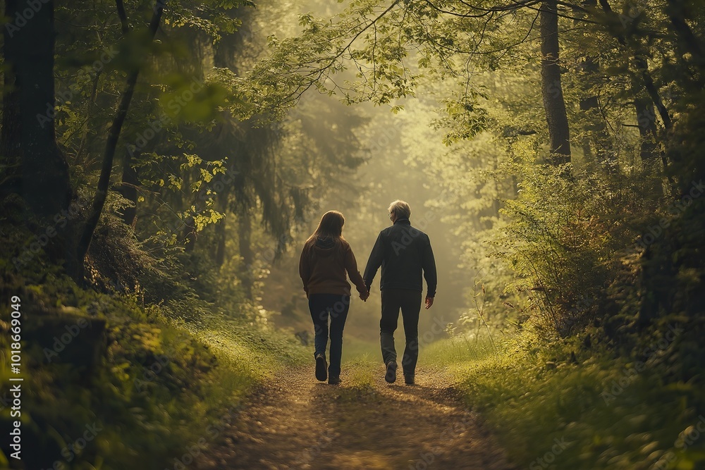 A senior couple enjoys a peaceful stroll hand in hand along a quiet forest path, surrounded by lush greenery and soft morning light A senior couple enjoys a peaceful stroll hand in hand along a quiet forest path, surrounded by lush greenery and soft morning light