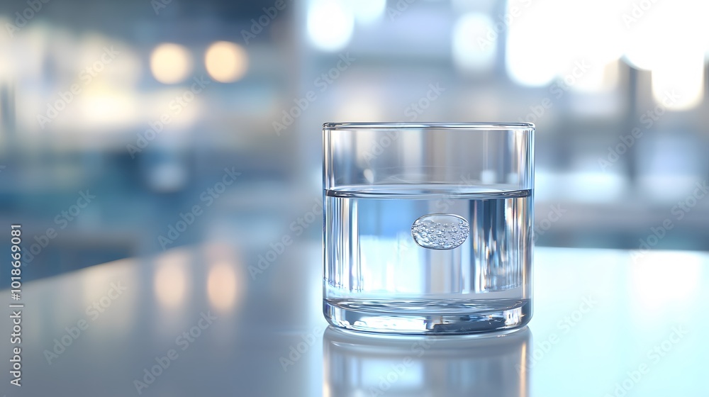 A single pill sits at the bottom of a glass of water on a white table. A single pill sits at the bottom of a glass of water on a white table.