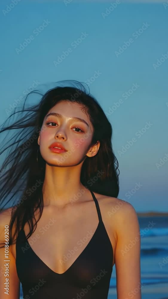 夕暮れのビーチでのモデル撮影、自然な正面からのショット 夕暮れのビーチでのモデル撮影、自然な正面からのショット