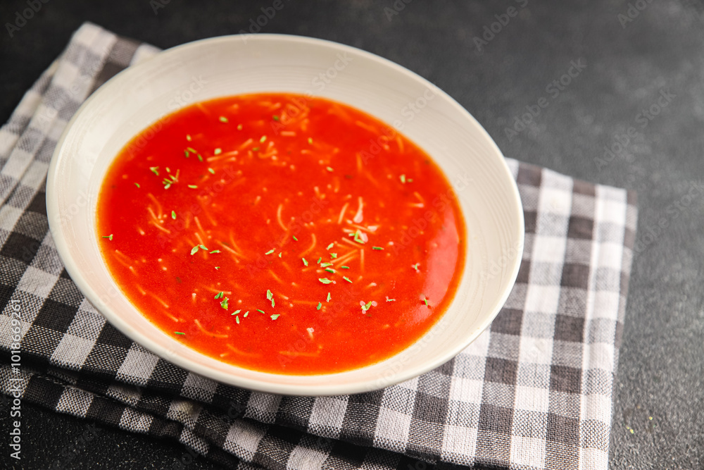 Tomato soup vermicelli gazpacho first course dish fresh gourmet food background on the table rustic food top view copy space Tomato soup vermicelli gazpacho first course dish fresh gourmet food background on the table rustic food top view copy space