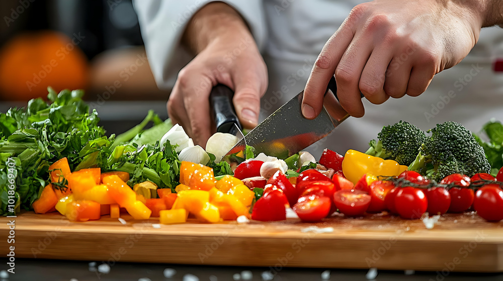 A Close-Up View of a Chef's Hand Slicing Fresh Vegetables on a Wooden Cutting Board in a Kitchen Setting A Close-Up View of a Chef's Hand Slicing Fresh Vegetables on a Wooden Cutting Board in a Kitchen Setting