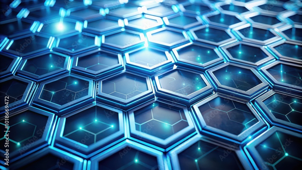 Futuristic technology concept with interconnected hexagonal shapes in perspective view Futuristic technology concept with interconnected hexagonal shapes in perspective view