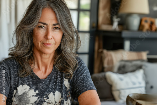 A confident woman in her 50s with olive skin and flowing gray hair sits comfortably in a cozy living room filled with soft furnishings and warm light