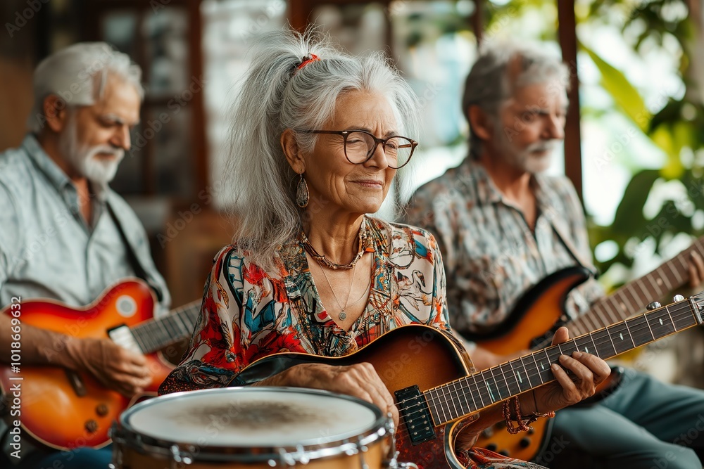 Elderly woman with long white hair plays guitar while two men accompany her with guitars in a cozy indoor setting during a casual music gathering Elderly woman with long white hair plays guitar while two men accompany her with guitars in a cozy indoor setting during a casual music gathering