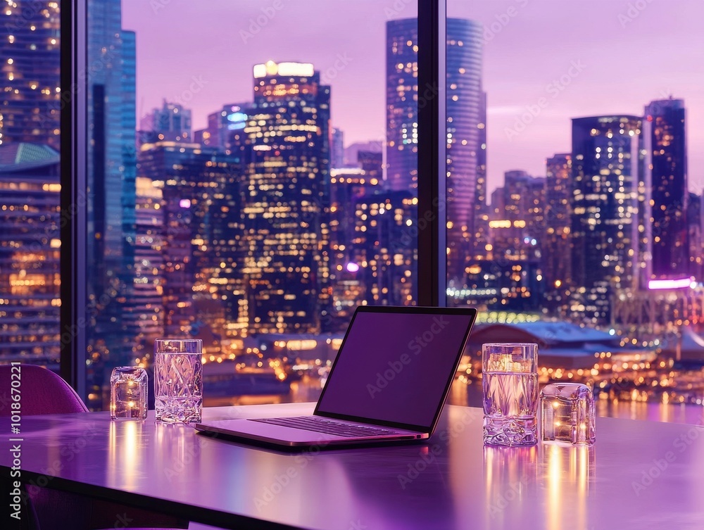 Modern workspace with a laptop and city view illuminated by evening lights. Modern workspace with a laptop and city view illuminated by evening lights.