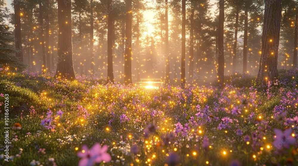 Obraz premium Enchanted forest with flowers and glowing lights.