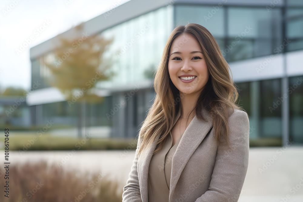 A confident businesswoman in professional attire, standing in front of a modern office building with a smile A confident businesswoman in professional attire, standing in front of a modern office building with a smile