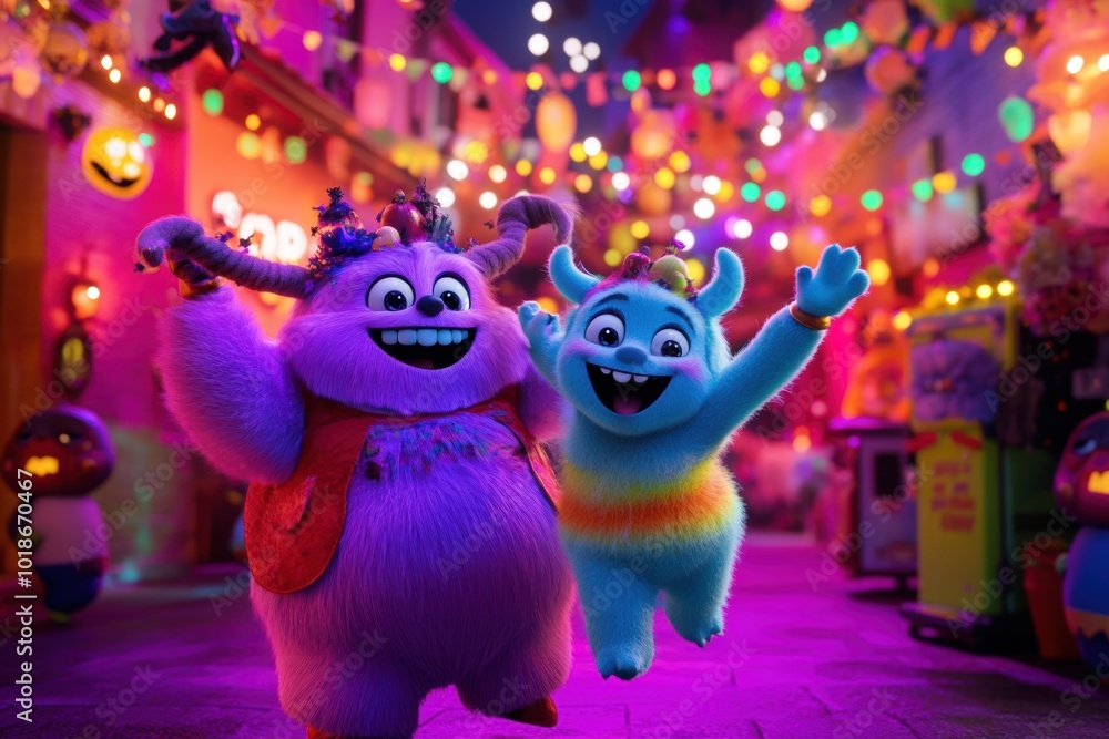 Fototapeta premium Whimsical Halloween dance party under vibrant lights with joyful creatures