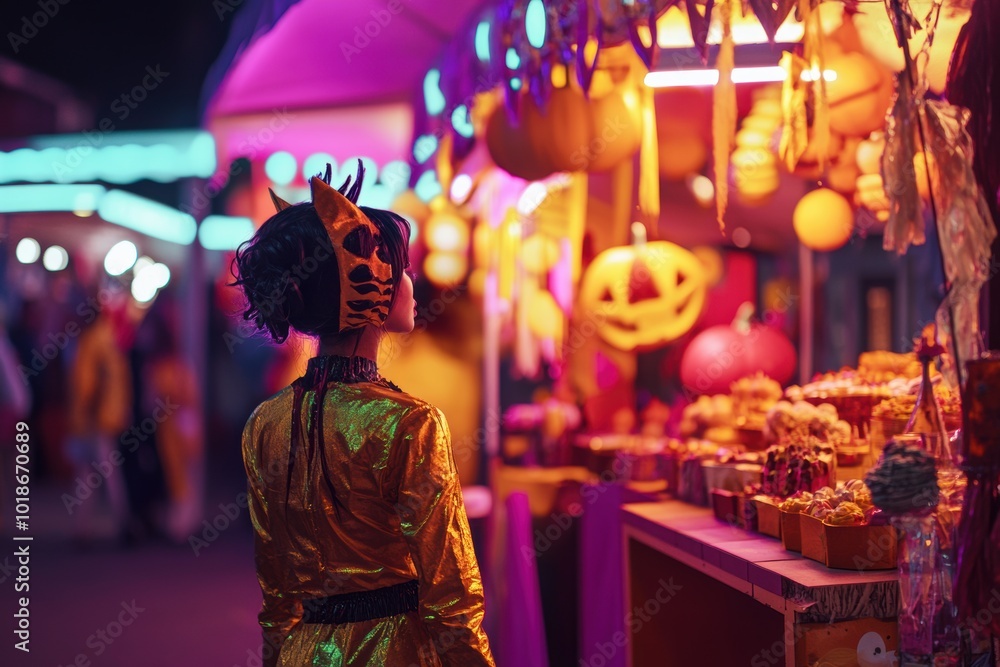 Fototapeta premium Whimsical Halloween night market with glowing decorations and delightful treats