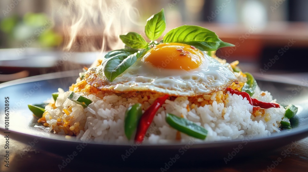 Delicious Fried Egg on Rice with Fresh Basil Delicious Fried Egg on Rice with Fresh Basil