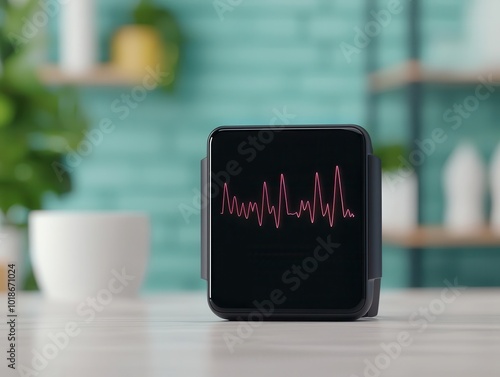 Wearable biosensor device tracking vital signs in real-time, displayed on a digital screen, wearable medical tech, biomedical sensors