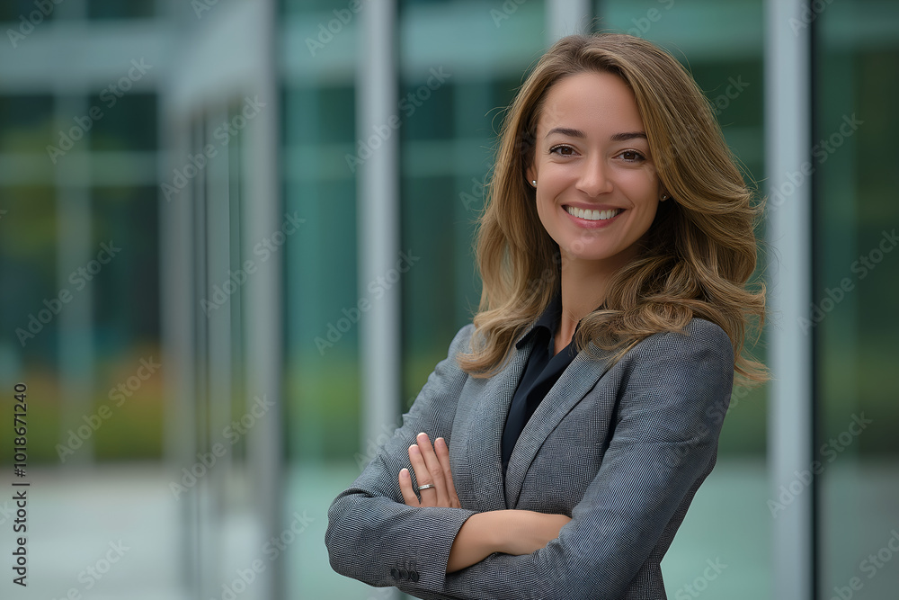 A confident businesswoman in professional attire, standing in front of a modern office building with a smile A confident businesswoman in professional attire, standing in front of a modern office building with a smile