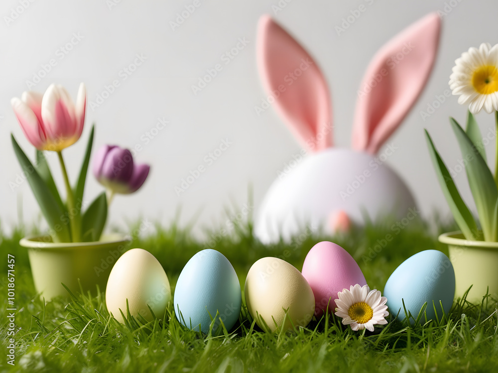 Easter eggs sitting in grass with spring tulips and an easter bunny in the background Easter eggs sitting in grass with spring tulips and an easter bunny in the background