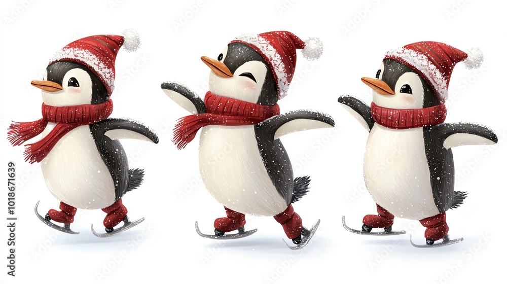 Fototapeta premium Playful penguins on ice skates, wearing festive hats and scarves, enjoying winter fun.