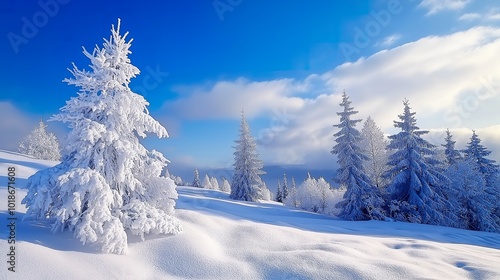 A winter wonderland landscape featuring snow-covered pine trees under a clear blue sky during a bright sunny day in a serene mountain environment