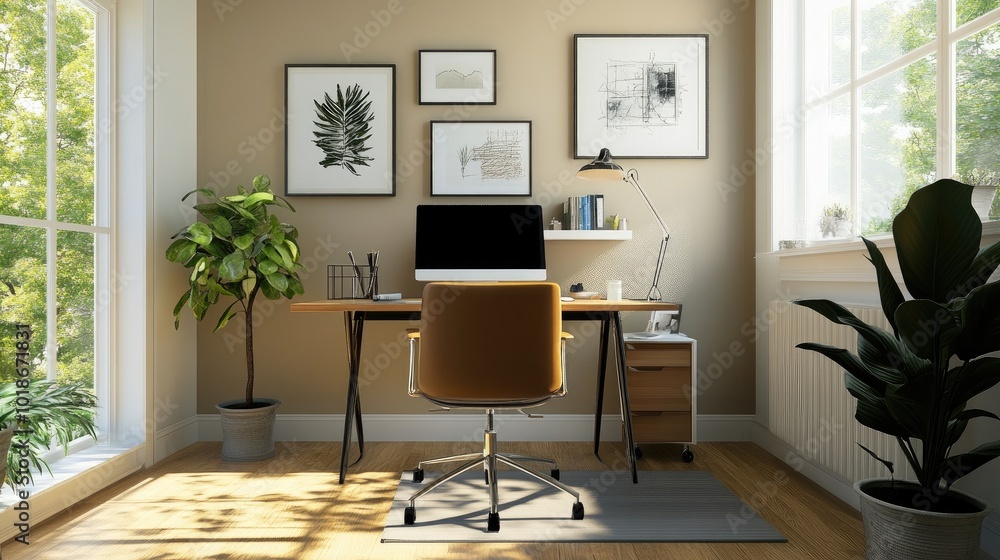 Fototapeta premium Modern Home Office Interior with Stylish Decor