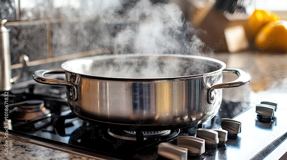 A large pot boiling on a stove, with steam rising and condensing on nearby kitchen tiles, emphasizing the heat and activity in the kitchen. A large pot boiling on a stove, with steam rising and condensing on nearby kitchen tiles, emphasizing the heat and activity in the kitchen.