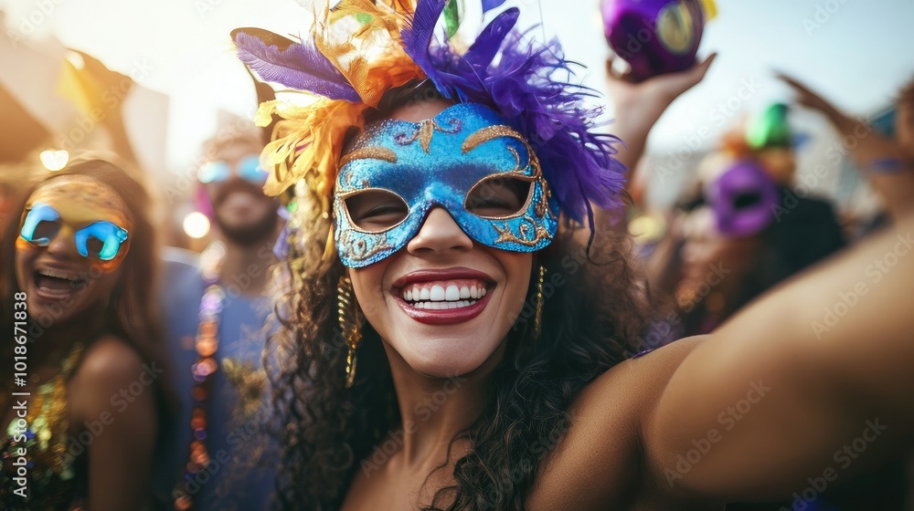 A lively scene of a group of revelers wearing mismatched colorful Mardi Gras masks, dancing together at a street festival, highlighting the fun and diversity of the event.