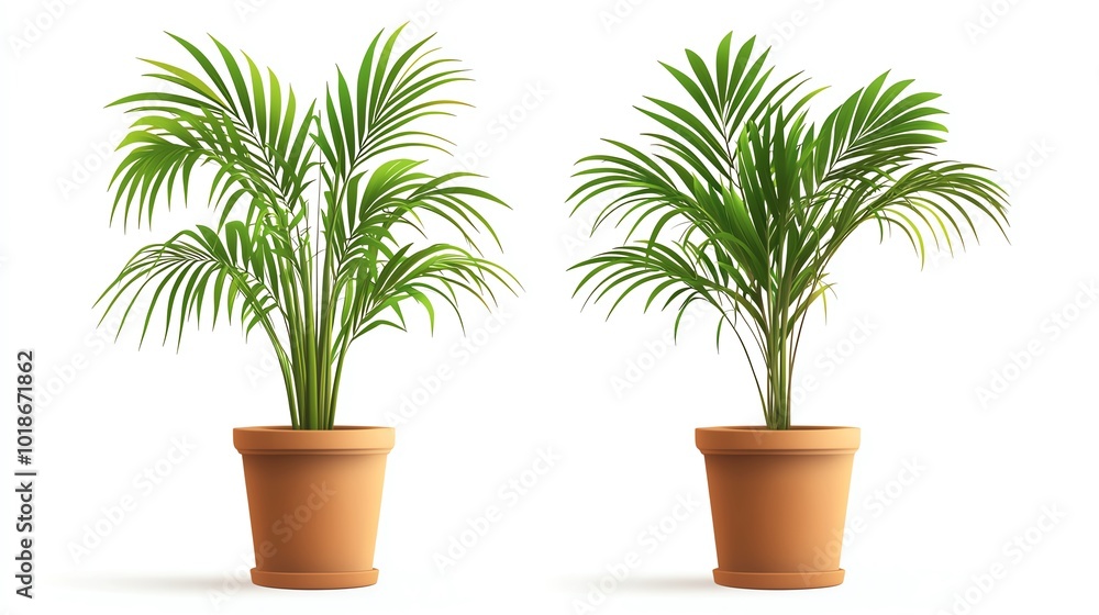 Two vibrant potted palm plants on a white isolate background, perfect for home decor. Two vibrant potted palm plants on a white isolate background, perfect for home decor.
