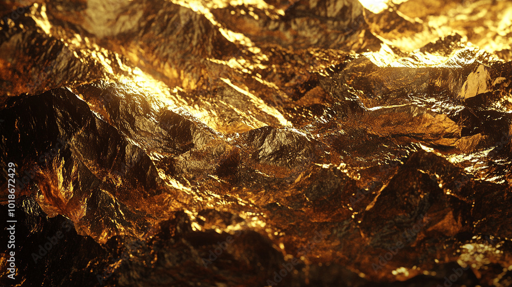Golden textured rock formation shining under bright light in a serene natural setting Golden textured rock formation shining under bright light in a serene natural setting