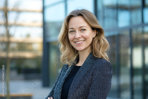 A confident businesswoman in professional attire, standing in front of a modern office building with a smile