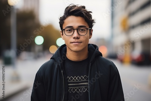 Portrait of a young man with eyeglasses in the city